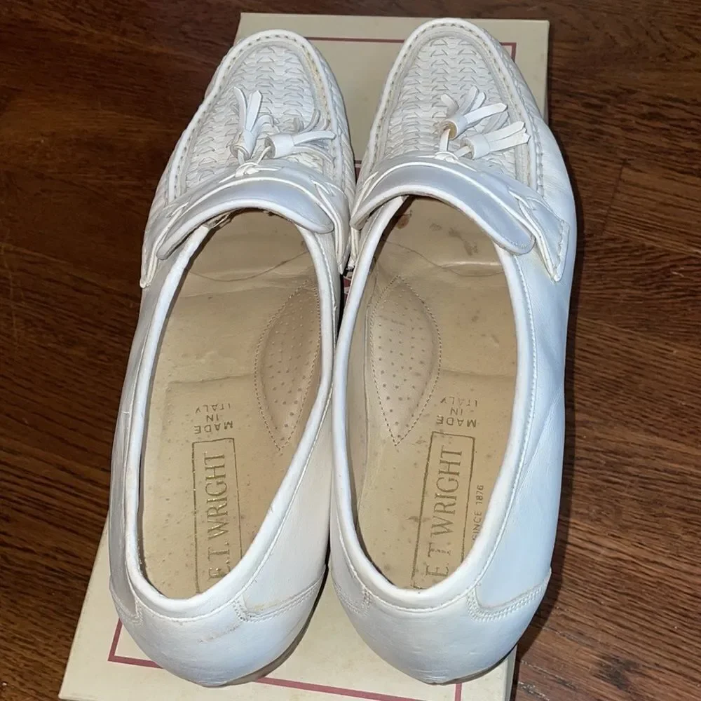 E.T. Wright Woven Vamp white leather slip‎ on loafers with tassels